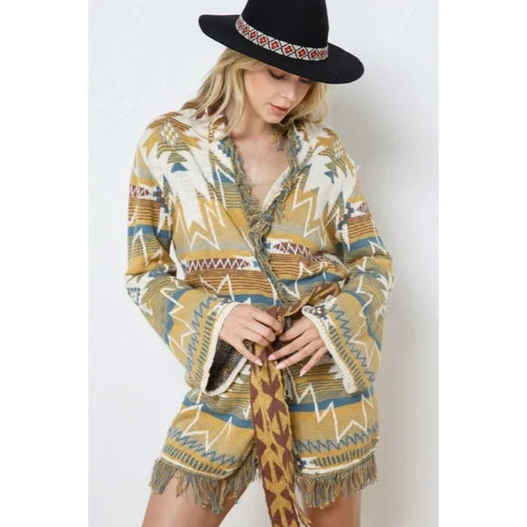 SOLD OUT Mustard Fringe Western Native Aztec Belted Tie Knit Cardigan Sweater - Picture 7 of 9